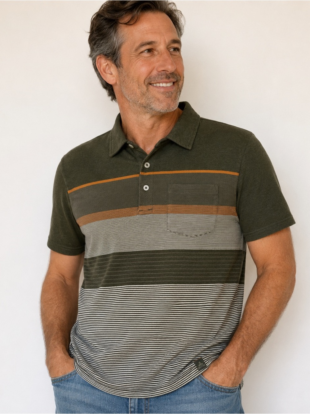 PrAna Polo Shirt Mens L Green Striped Organic Cotton Blend Short Sleeve